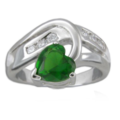 Sterling Silver Emerald Green CZ with Channel Set Clear CZ Ring 