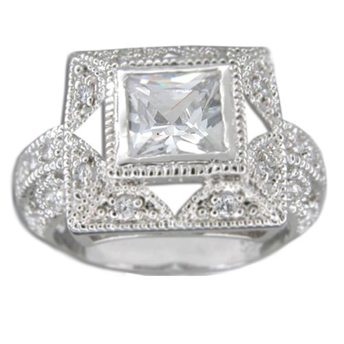 Sterling Silver Vintage Design with Square-Cut Clear CZ Ring 