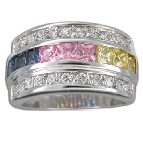 Sterling Silver Channel Set Multi-Color CZ Thick Band Ring 