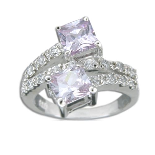 Sterling Silver Double Square-Cut Lavender Amethyst Purple CZ with Channel Set Clear CZ Wrap Ring