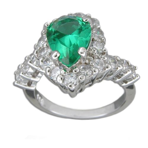 Sterling Silver Tear Drop Shaped Emerald Green CZ with Clear CZ Ring 