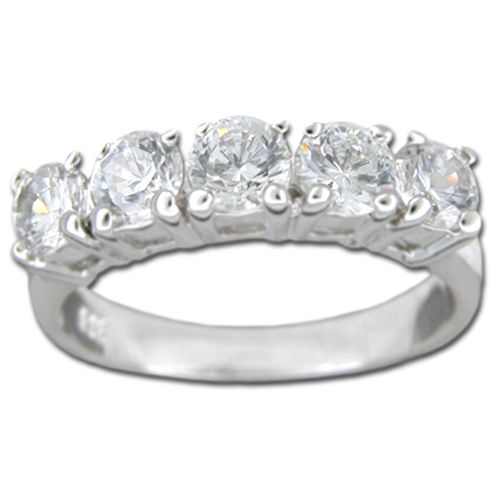 Sterling Silver Five Stone Round-Cut Clear CZ Ring 