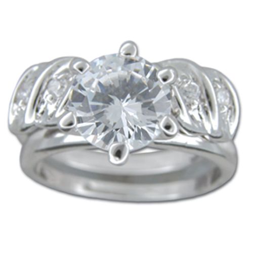 Sterling Silver Round-Cut Clear CZ with Angel Wings Stacking Ring
