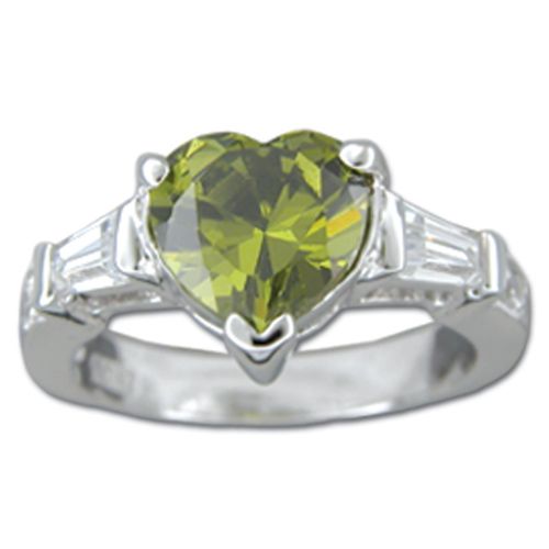 Sterling Silver Heart Shaped Peridot Green CZ Ring