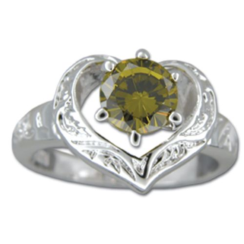 Sterling Silver Round-Cut Peridot Green CZ in Hand Carved Heart Ring