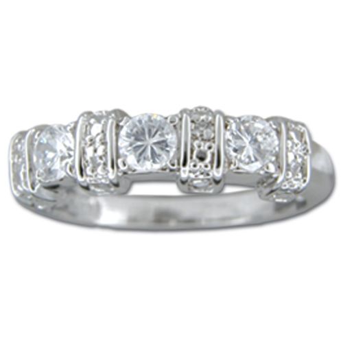 Sterling Silver Hand Carved Bar with Three Stone Round-Cut Clear CZ Ring 
