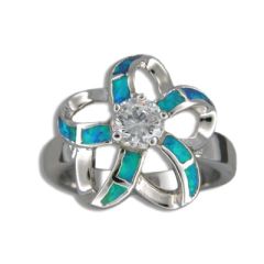Sterling Silver Hawaiian Cut-in Blue Opal Plumeria Ring with CZ