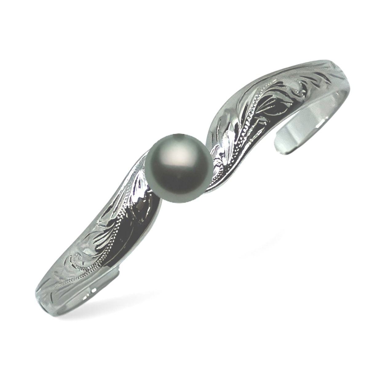Sterling Silver Hand Carved Hawaiian Scroll Design Cuff Bangle with 10mm Tahitian Pearl