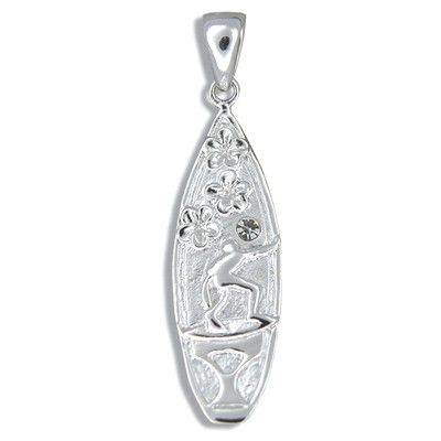 Sterling Silver Hawaiian Plumeria and Surfer with Surfboard Shaped Pendant (S)