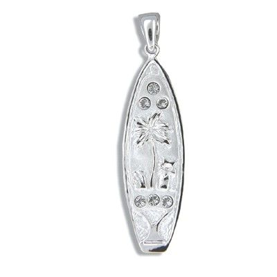 Sterling Silver Hawaiian Palm Tree and CZ with Surfboard Shaped Pendant (L)
