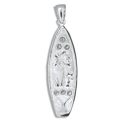 Sterling Silver Hawaiian Palm Tree and CZ with Surfboard Shaped Pendant (S)