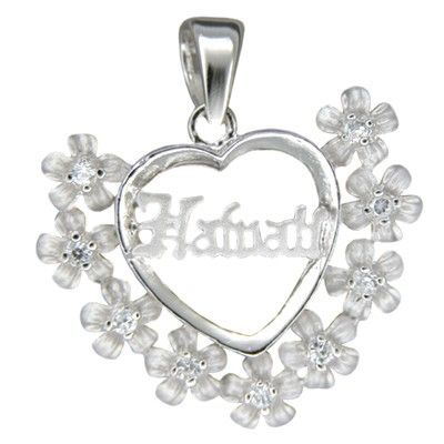 Sterling Silver Hawaiian Plumeria and Hawaii with Heart Shaped Pendant