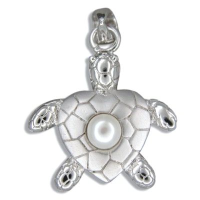 Sterling Silver River Cooter Turtle with White Freshwater Pearl Pendant