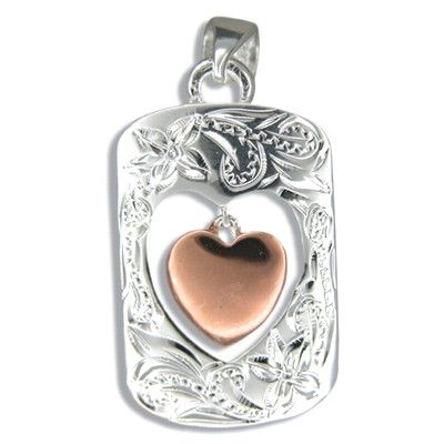 Sterling Silver Two Tone Hawaiian Open Frame Pendant with Rose Gold Coated Baby Heart Charm