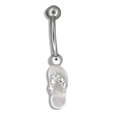 Sterling Silver Dangling Hawaiian Slipper with Clear CZ Belly Button Ring