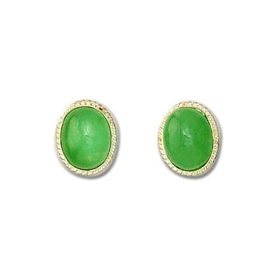 14KT Yellow Gold with Oval Shaped Green Jade Pierced Earrings