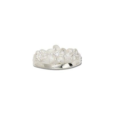 thumbnail image 2 of 925 Sterling Silver Hawaiian Plumeria Flower Ring – Tricolor With CZ – Size 15mm 2 of 4