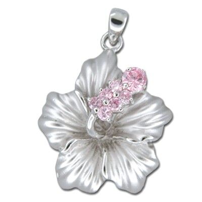 Sterling Silver Hawaiian Hibiscus Pink CZ Pendant