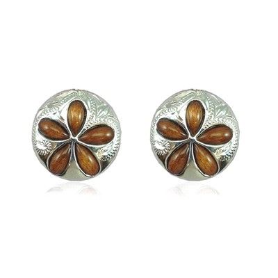 Sterling Silver 15MM Hawaiian Koa Wood Sand Dollar Shaped Plumeria Pierced Earrings 