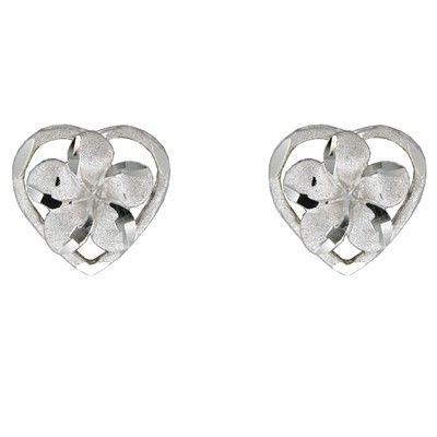 14kt White Gold Plumeria Heart Pierced Earrings