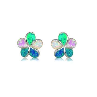 Sterling Silver Hawaiian 12MM Plumeria Rainbow Opal Pierced Earrings
