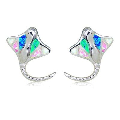 Sterling Silver Hawaiian Ray Fish Rainbow Opal Pierced Earrings 