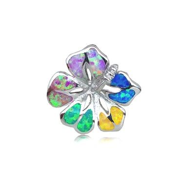 Sterling Silver Hawaiian 18MM Hibiscus Shaped Rainbow Opal Slide Pendant (S)