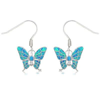 Sterling Silver Hawaiian Butterfly Shaped Blue Opal Earrings with Fish Wires
