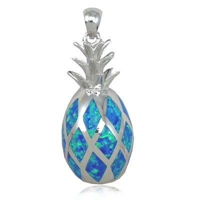 Sterling Silver 3D Hawaiian Pineapple Shaped Blue Opal Pendant (L)
