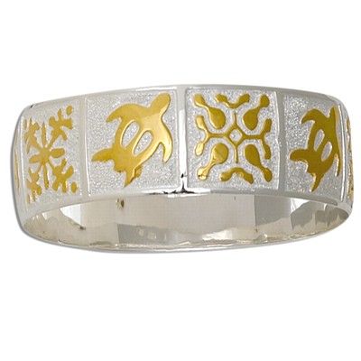Sterling Silver Two Tone 18mm Hawaiian HONU and Mixed Quilt Design with Plain Edge Bangle