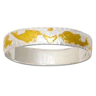 Sterling Silver Two Tone 12mm Hawaiian Dolphin Design Bangle with Plain Edge 