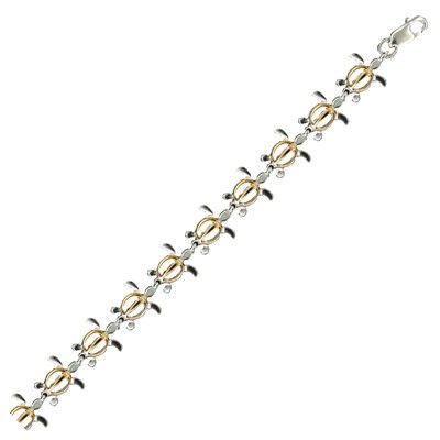 Sterling Silver Two Tone 10MM Cut-Out Hawaiian Sea Turtle Design Anklet