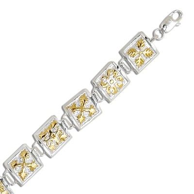Sterling Silver Two Tone 10MM Hawaiian Mixed Quilt Design Bracelet (M)