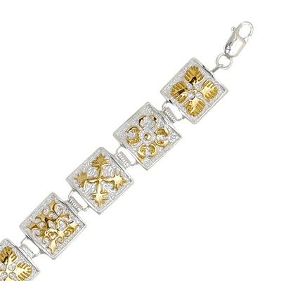 Sterling Silver Two Tone 12MM Hawaiian Mixed Quilt Design Bracelet (L)