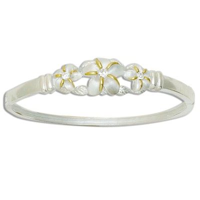 Sterling Silver Triple Two Tone Hawaiian Plumeria Design Bangle with Hinge Opening