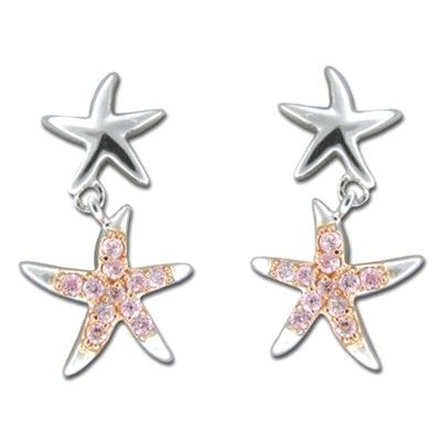 Sterling Silver Hawaiian Starfish Floating with Pink CZ Earrings 