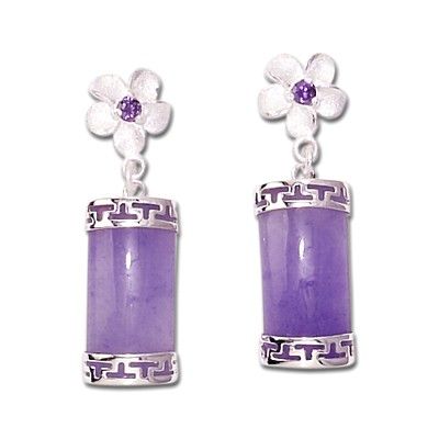 Sterling Silver Hawaiian Plumeria Design Purple Jade Earrings