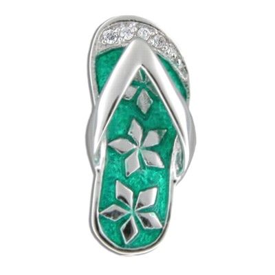 Sterling Silver Hawaiian Slipper with Green Enamel Clear CZ Flower Slider Pendant