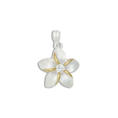 Sterling Silver Two Tone 15MM Hawaiian Plumeria with Clear CZ Design Pendant