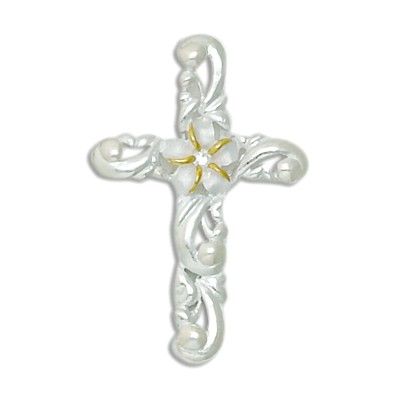 Sterling Silver Cross and Scroll Design with Two Tone 8MM Hawaiian Plumeria with Clear CZ Pendant