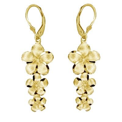 14kt Yellow Gold Past Present and Future Plumeria Earrings with Lever Back