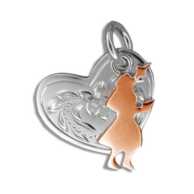 Sterling Silver Rose Gold Coated Kahiko Heart with Hula Dancer Pendant