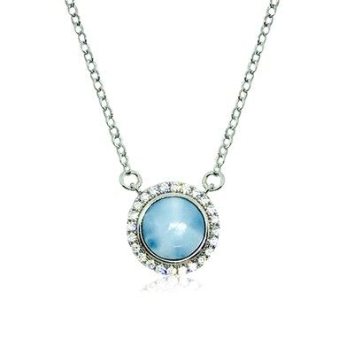 Sterling Silver and Genuine Round Larimar CZ Halo Necklace