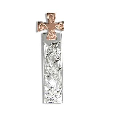 Fine Engraved Sterling Silver Scroll and Plumeria with Movable Rose Gold Plated Cross Pendant