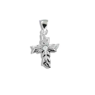 Fine Engraved Sterling Silver Maile Cross with CZ Pendant