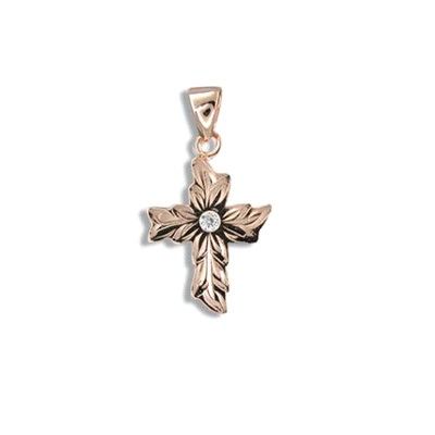 Fine Engraved Sterling Silver Rose Gold Plated Maile Cross with CZ Pendant