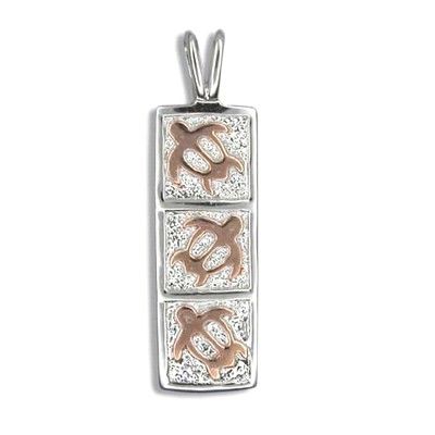Fine Engraved Sterling Silver Rose Gold Plated Hawaiian Triple Sea Turtle Quilt Pendant