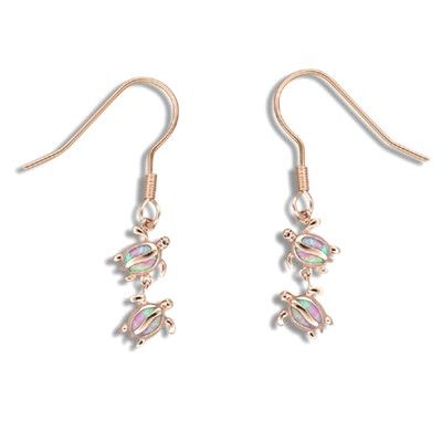 Sterling Silver Hawaiian Double Honu Pink Opal Fish Wire Earrings