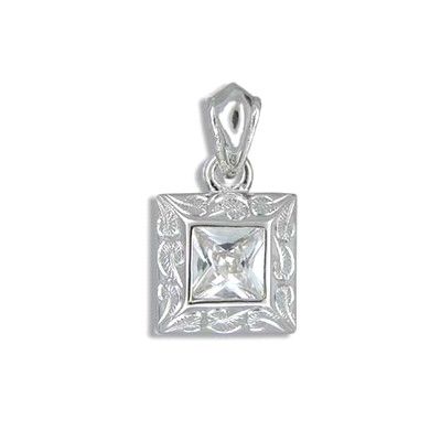 Fine Engraved Sterling Silver Hawaiian Scroll with Square Cut CZ (S) Pendant