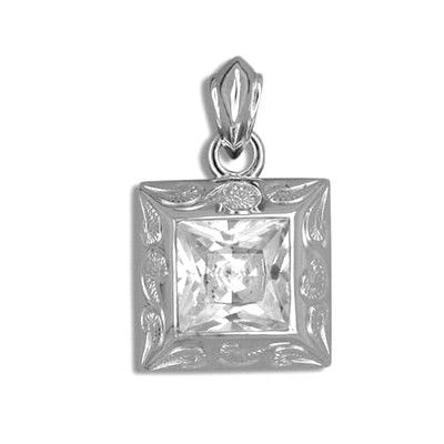 Fine Engraved Sterling Silver Hawaiian Scroll with Square Cut CZ (L) Pendant
